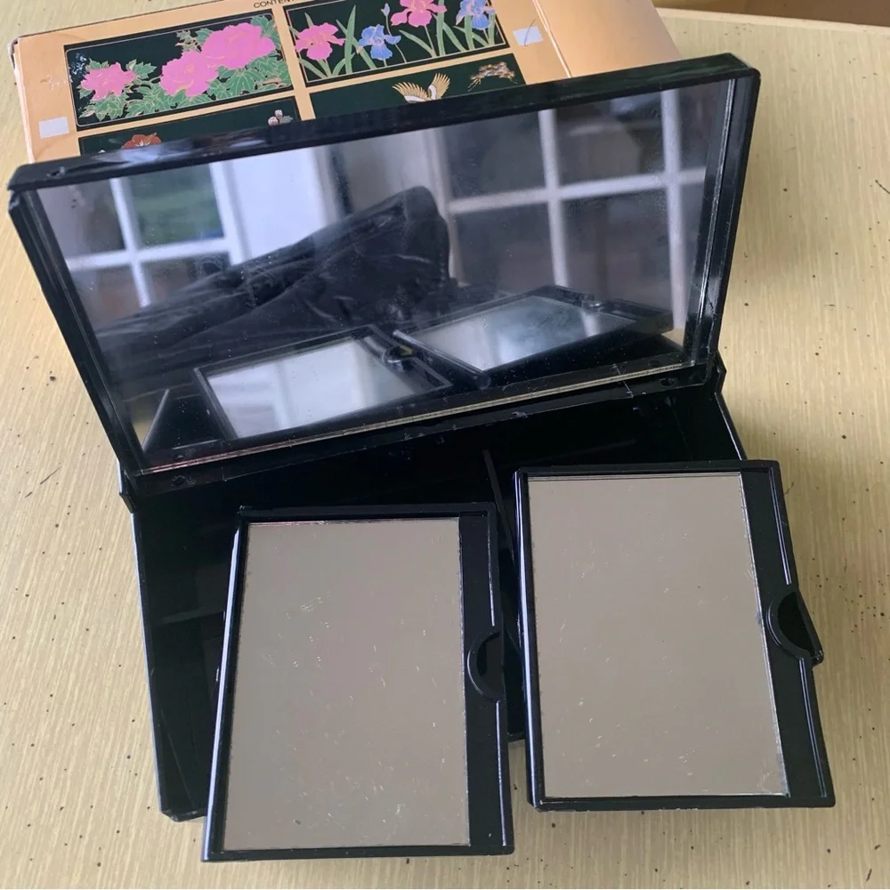 Vintage 80s Cosmetic and Jewelry Organizer Black Floral Design in Box